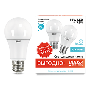 Лампа LED Elementary A60 11W E27 4100K 1/50 (2 лампы в упаковке) 23221P