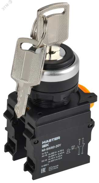 Переключатель с ключом 3 полож. 1NO+1NC ч-рный MASTER IEK MI-SW60-20Y-3-34-3-K02