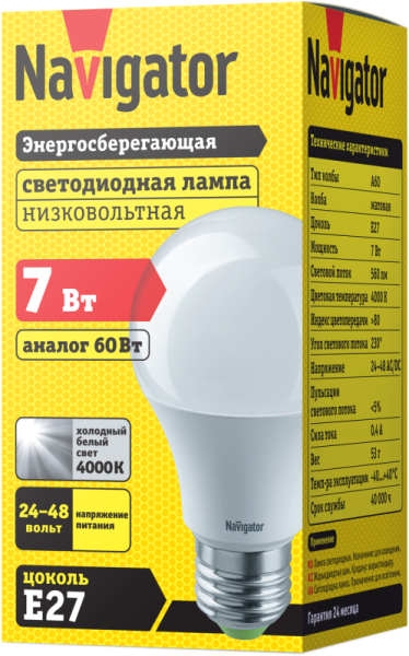 Лампа светодиодная 61 474 NLL-A60-7-24/48-4K-E27 7Вт грушевидная матовая 4000К нейтр. бел. E27 560лм 24-48В низковольтная 61474