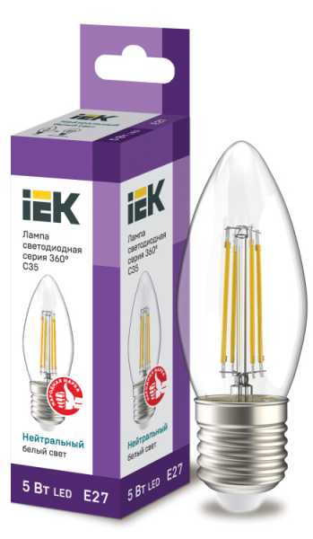 Лампа LED C35 свеча прозр. 5Вт 230В 4000К E27 серия 360° LLF-C35-5-230-40-E27-CL