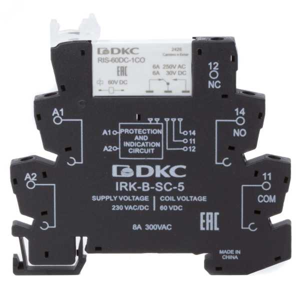 Реле интерфейсное, 1CO, ком. ток 6А, AgSnO2, напряжение 230V AC/DC, винтовые клеммы. IRK-230UC-1CO