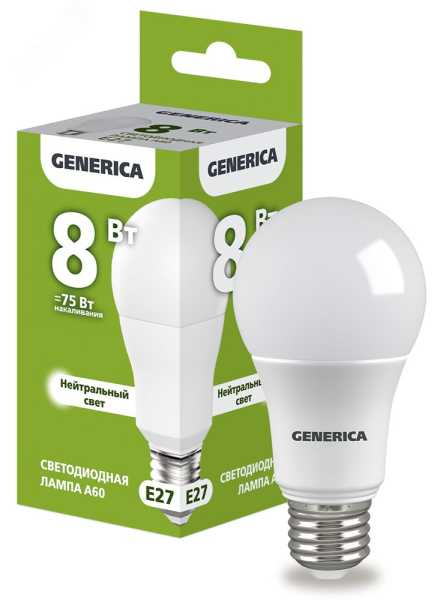 Лампа светодиодная A60 груша 8Вт 230В 4000К E27 GENERICA LL-A60-08-230-40-E27-G