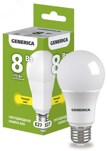 Лампа светодиодная A60 груша 8Вт 230В 3000К E27 GENERICA LL-A60-08-230-30-E27-G