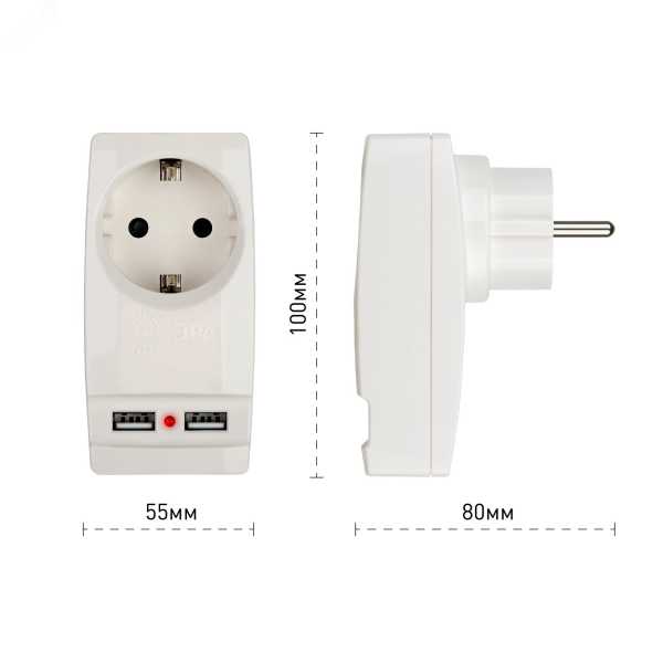 Адаптер 1-м с заземл. Polynom SP-1e-USB-W 220В 2хUSB 2100мА бел. Б0026332