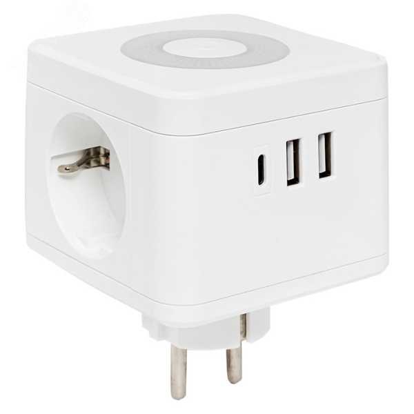 Тройник &amp;amp;quot;Куб&amp;amp;quot; 2 гнезда 2USB 2,4А+Type C + Ночник UBA-CUB-T2-TC