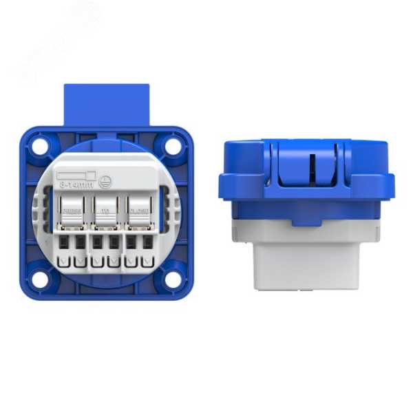 Розетка встраиваемая 16А/250V/2P+E/IP54 50x50 подключение сзади синяя безвинтовые клеммы 00-00002587