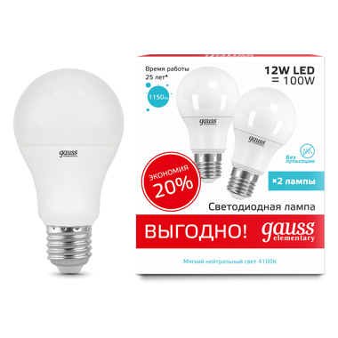 Лампа LED Elementary A60 12W E27 4100K 1/50 (2 лампы в упаковке) 23222P
