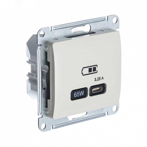GLOSSA USB РОЗЕТКА тип-C 65W высокоскор.заряд. QC, PD, механизм, БЕЖЕВЫЙ GSL000227