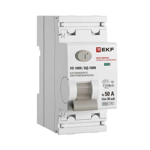 Выключатель дифференциального тока ВД-100N 2P 50А 30мА тип AC эл-мех 6кА PROXIMA EKF E1026M5030