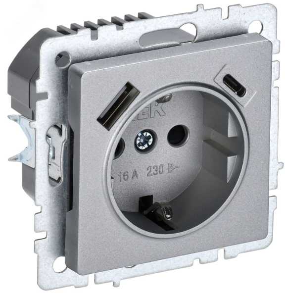 Розетка BRITE РЮш11-1-БрА 16А с USB A+C 18Вт с заземл. защ. шторки алюм. BR-R14-16-U22-018-K47