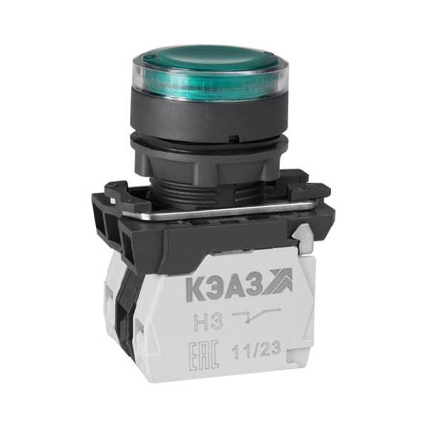 Кнопка КМЕ4511мЛ-220В-зеленый-1но+1нз-цилиндр-индикатор-IP54- 309579