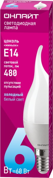 Лампа светодиодная 61 131 OLL-FC37-6-230-6.5K-E14-FR 6Вт свеча на ветру 6500К холод. бел. E14 480лм 220-240В 61131