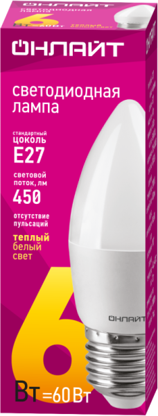 Лампа светодиодная 71 630 OLL-C37-6-230-2.7K-E27-FR 6Вт свеча 2700К тепл. бел. E27 450лм 220-240В 71630