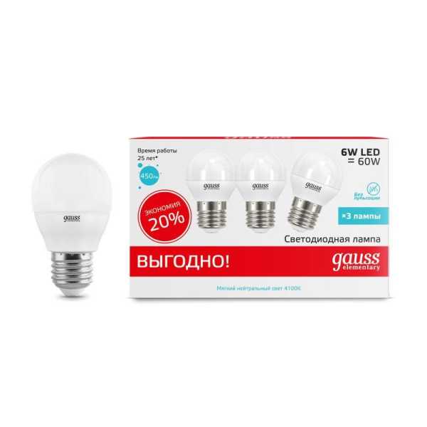Лампа светодиодная Elementary 6Вт P45 шар 4100К нейтр. бел. E27 450лм (уп.3шт) 53226T