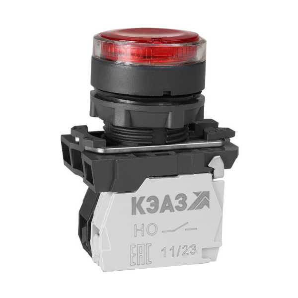 Кнопка КМЕ4610мЛ-24В-красный-1но+0нз-цилиндр-индикатор-IP65- 285874