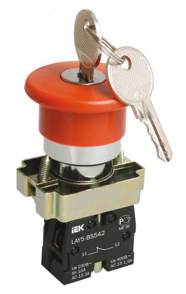 Кнопка управления &amp;amp;quot;Грибок&amp;amp;quot; LAY5-BS142 d22мм 1р 240В с ключом красн. BBG50-LAY5-K04