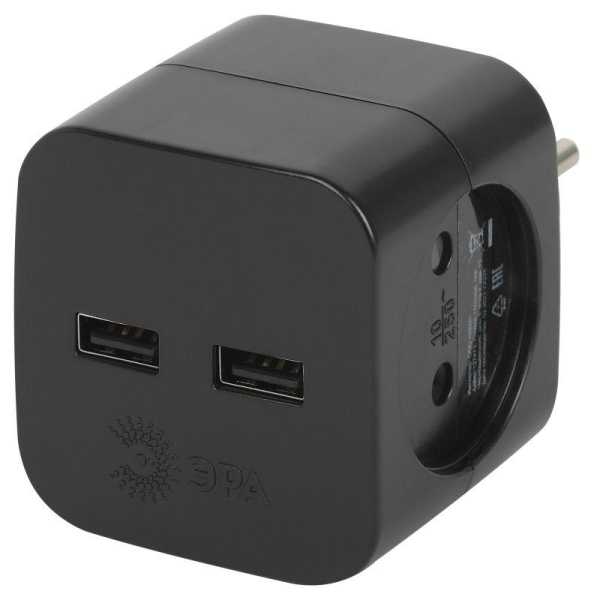 Разветвитель электрический SP-2-USB-B на 2 розетки 220В+ 2xUSB 2400мА без заземл 10А черн. Б0049535