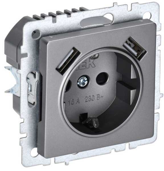 BRITE Роз. с з/к/ш 16А с USB A+A 3,1А РЮш10-2-БрС сталь BR-R14-16-U21-D31-K46