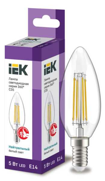 Лампа LED C35 свеча прозр. 5Вт 230В 4000К E14 серия 360° LLF-C35-5-230-40-E14-CL