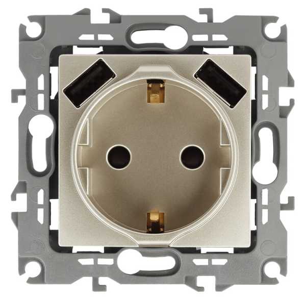 12-4109-04 Розетка 2P+E 16A-250В, штор. с 2xUSB 5В-3А, 2, шампань (10/100/2000) Б0047843