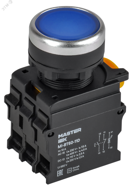 Кнопка с подсветкой d=22мм 1NO+1NC синяя MASTER IEK MI-BT60-11D-3-12-K07